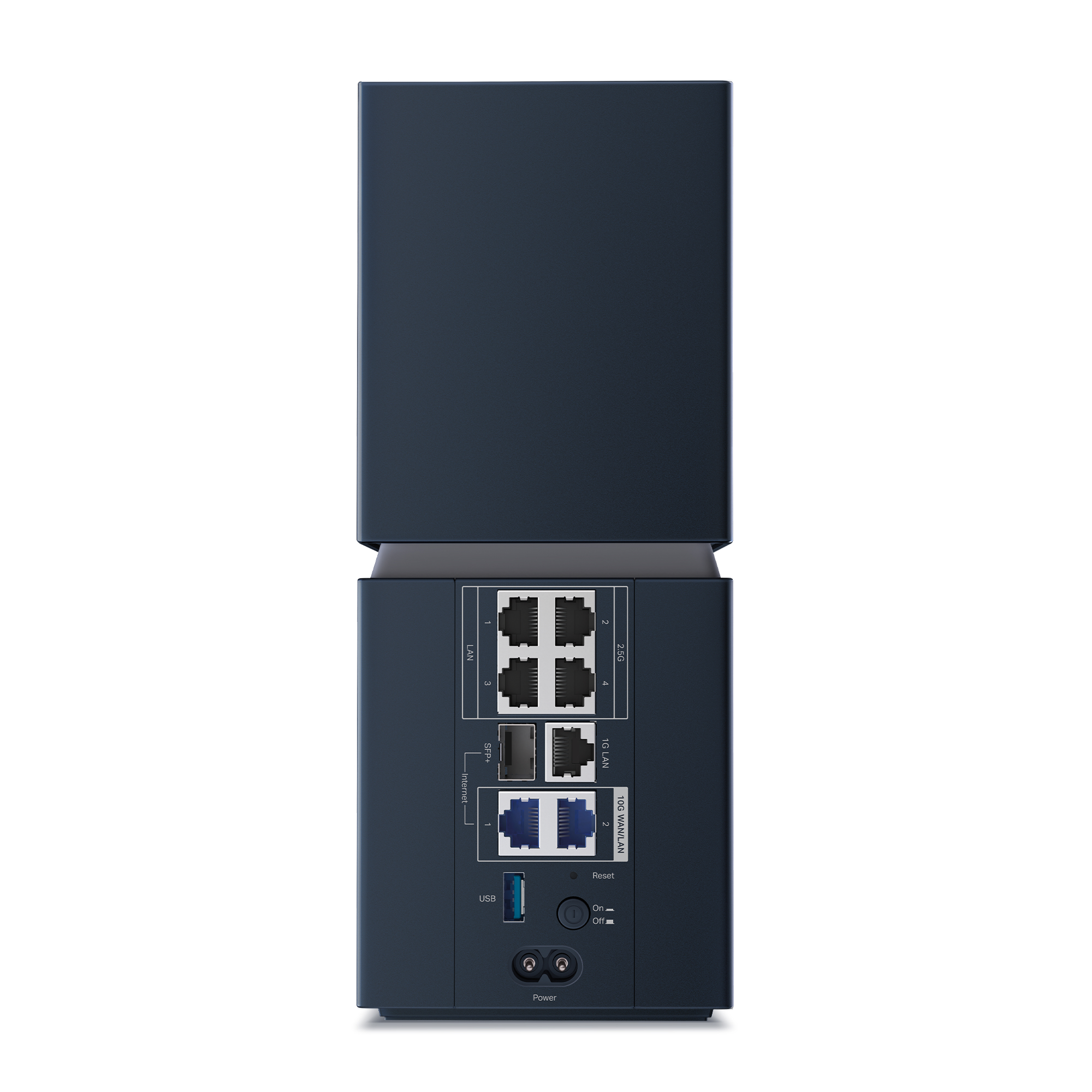Straight-on rear view of the TP-Link Archer 8 Ultra BN800 with the labelled network ports and power controls visible