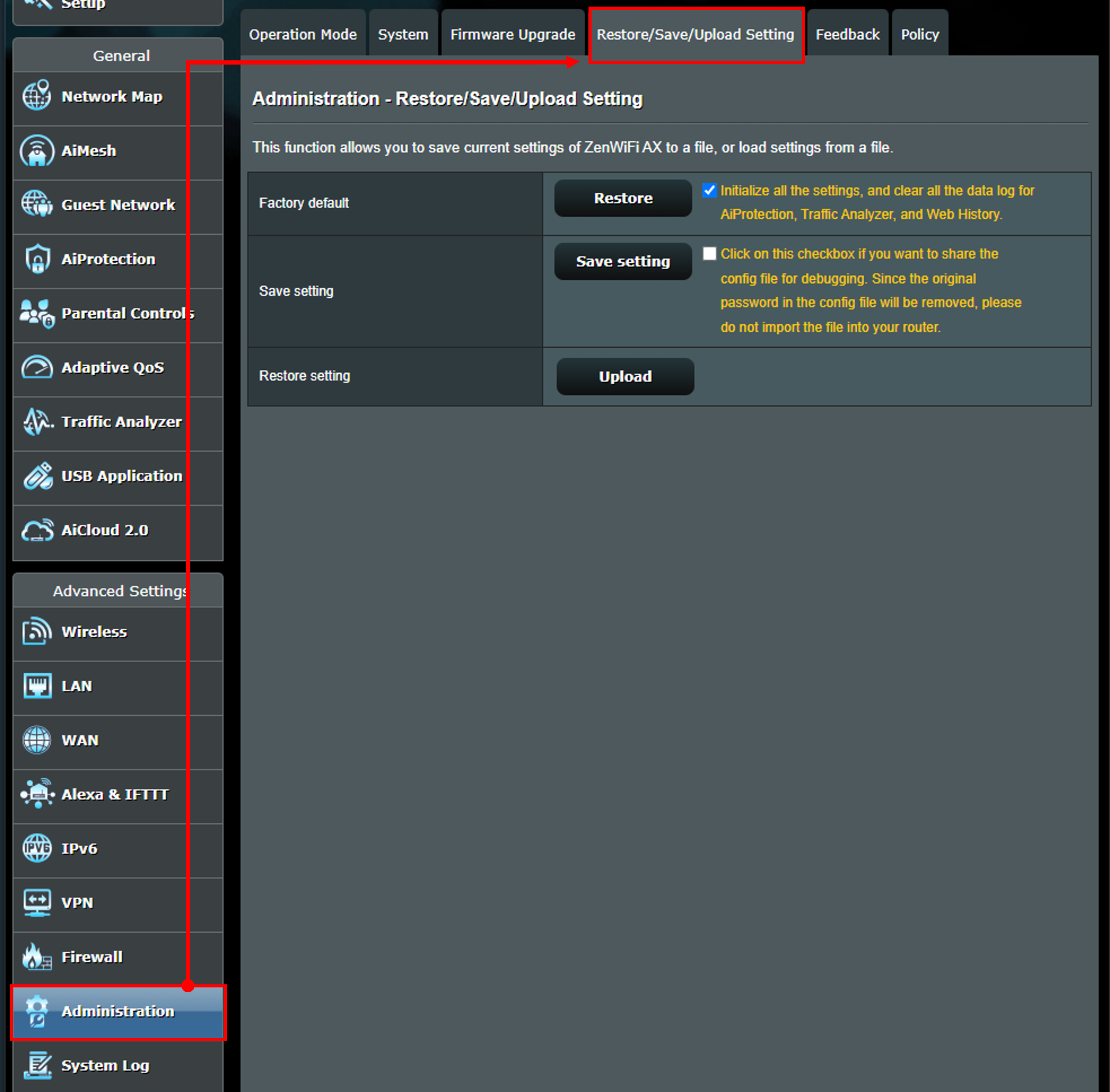 ASUS support example highlighting Administration and Restore/Save/Upload Setting, with the Save setting button visible.
