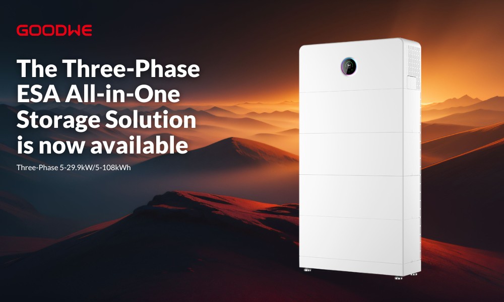 GoodWe three-phase ESA home energy storage system in a branded manufacturer promotional render