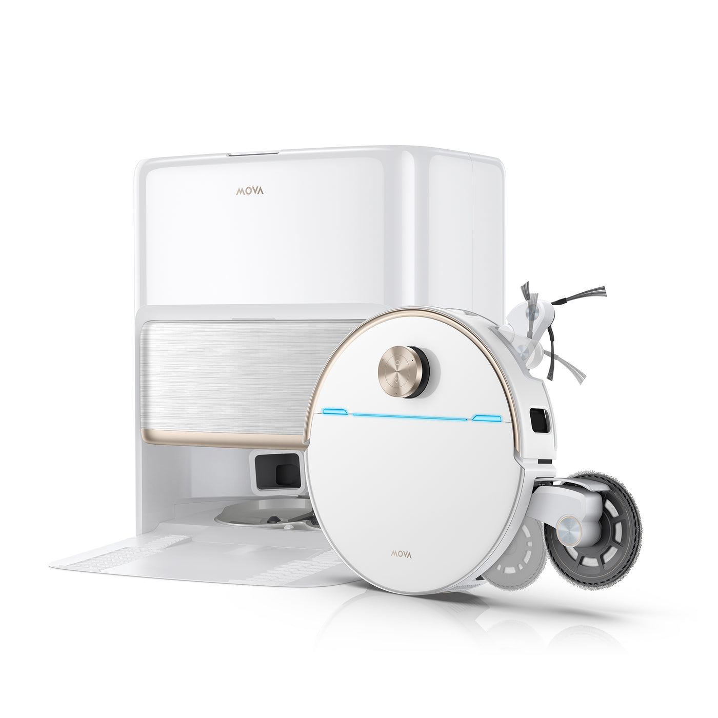 Official MOVA V70 product image showing its extended mop and side brush beside the dock