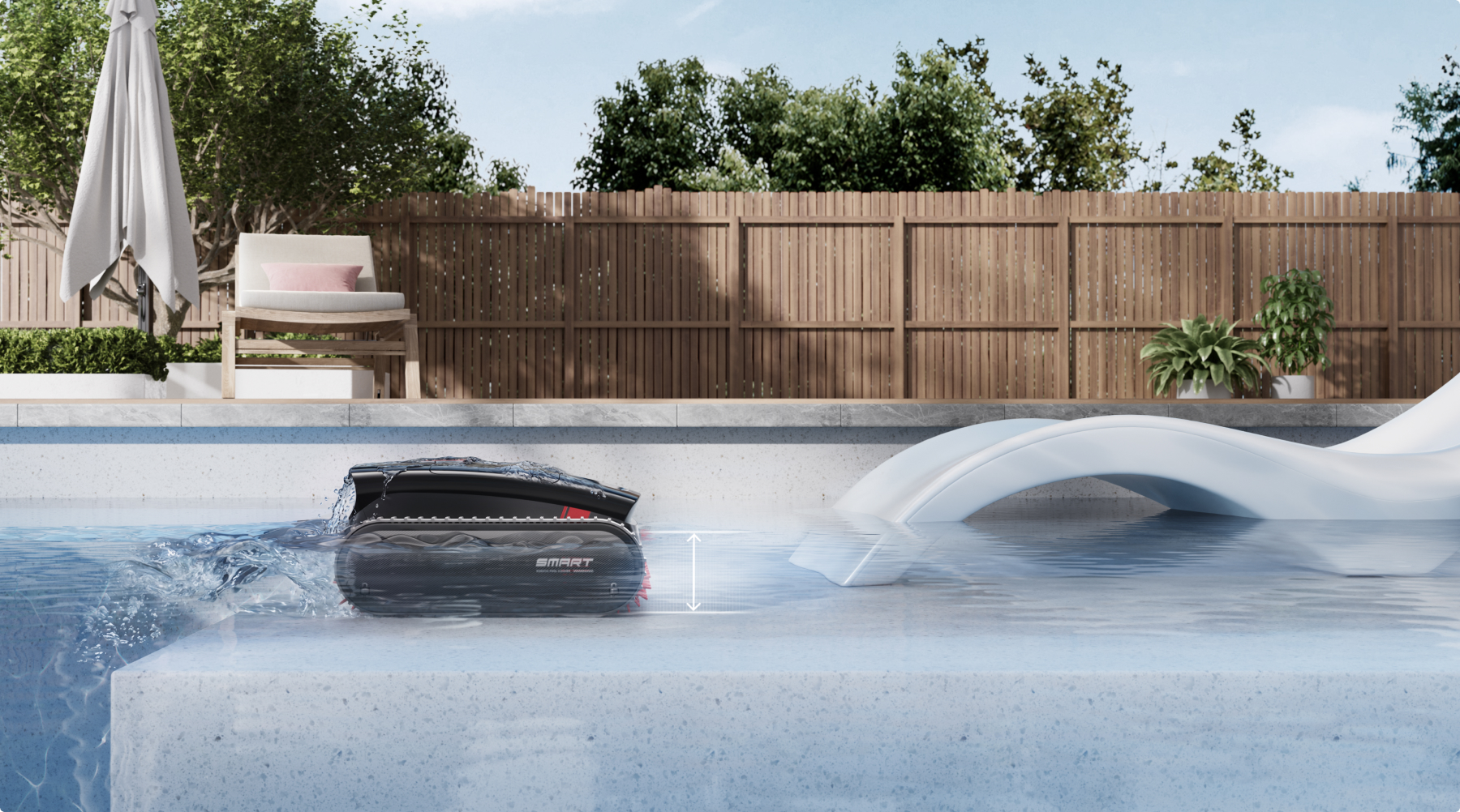 Official Roborock image illustrating the RockAqua P1 cleaning a shallow pool platform