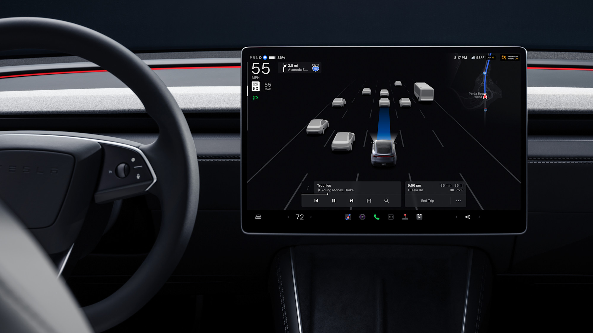 Official Tesla Model Y cockpit photograph showing steering wheel and central touchscreen