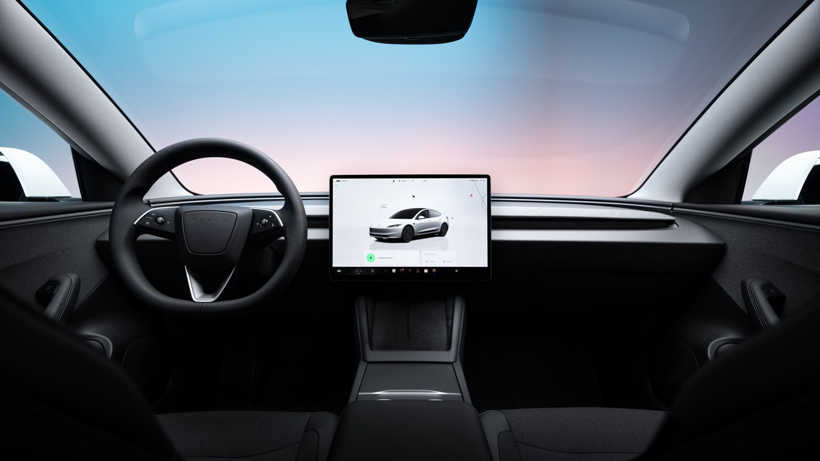 Overseas left-hand-drive entry Tesla Model 3 cabin with a central front touchscreen and textile seat inserts