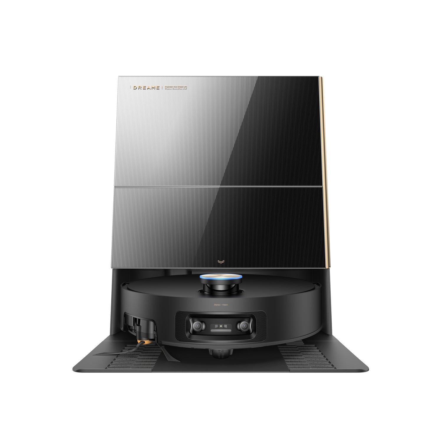 Black Dreame X60 Ultra Extreme robot vacuum positioned on the ramp in front of its matching self-cleaning dock.