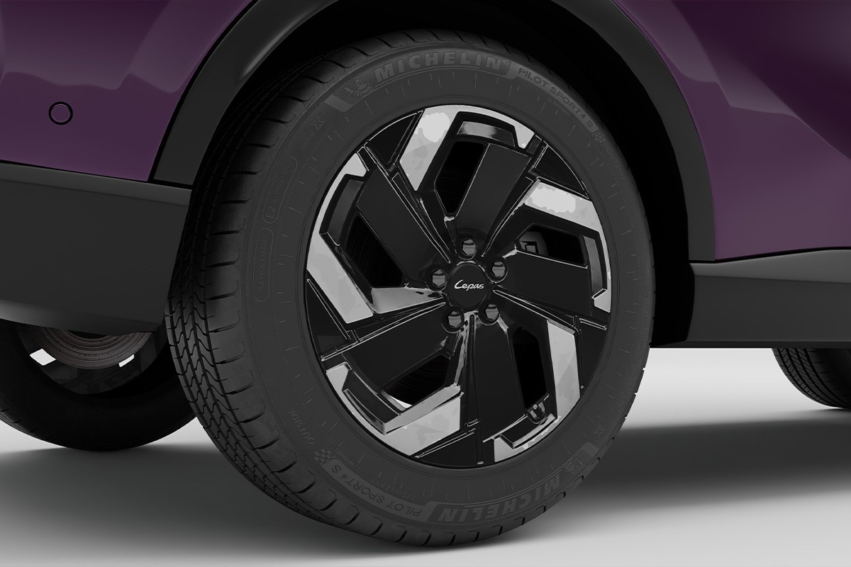 Close-up of the purple Lepas L6 BEV’s machined alloy wheel in official Australian model photography.